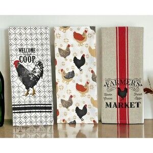 Serafina Home Country Rooster Kitchen Dish Towels 3-Pc Farmhouse Chicken Coop